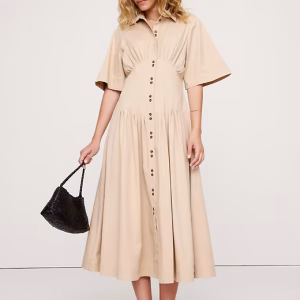 Stretch-Cotton Poplin Pintuck Long-Midi Shirt Dress