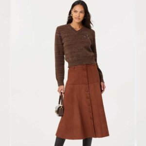 Zoya Faux Suede Midi Skirt Brown