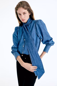 Scarf-Detail Denim Blouse