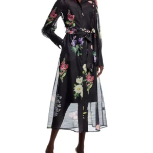Nancy Yang Sheer Floral Button Front Dress