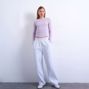 Topshop ribbed long sleeve curved hem top in pink