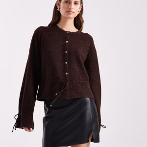 Miss Selfridge cozy peplum hem cardigan in chocolate