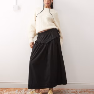 Reclaimed Vintage full midi skirt with ruffle detailing on waist and hem in black