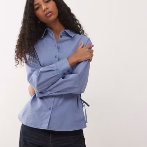 Reclaimed Vintage oversized shirt with ruching adjustable tie detail in blue