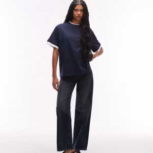 ASOS DESIGN short sleeve double layer oversized top in navy