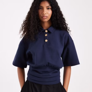ASOS DESIGN short sleeve collared with gold buttons top in navy