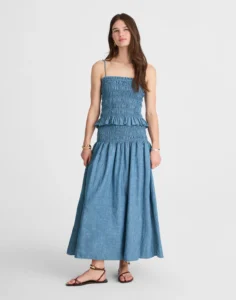 Smocked-Waist Denim Midi Skirt
