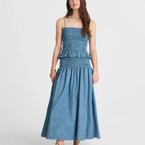 Smocked-Waist Denim Midi Skirt