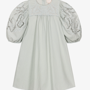 Petite Amalie Girls Pale Green Embroidered Cotton Dress