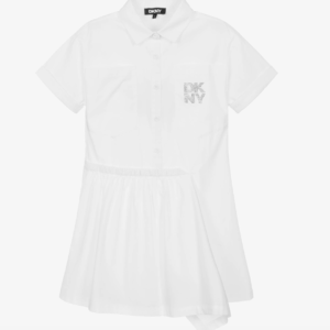 DKNY Girls White Cotton Shirt Dress with Stacked Diamanté Logo