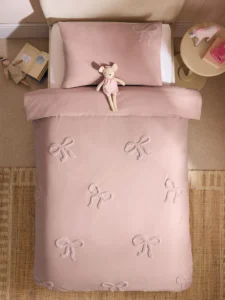 Pink Tufted Bows Cotton Duvet Cover and Pillowcase Set