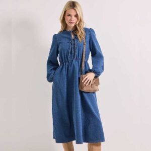 Dorothy Perkins Bow Front Blouson Sleeve Denim Midi Dress