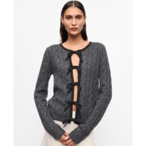 Grey and Black Cashmere Mix Tie String Cardigan
