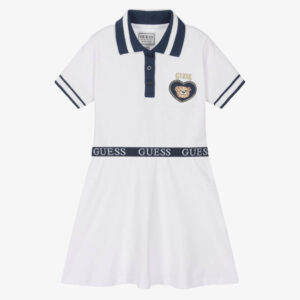 Guess Girls White Cotton Piqué Polo Dress with Teddy Patch