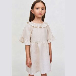 Linen Dress with Ruffle Collar Light beige