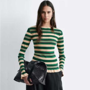 Long-Sleeve Ribbed Top Green/Beige Stripes