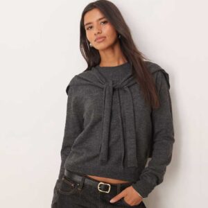 Mango wool mix sweater with detachable overlay in charcoal