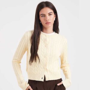 Miss Selfridge cable knit crew neck cardigan in buttermilk