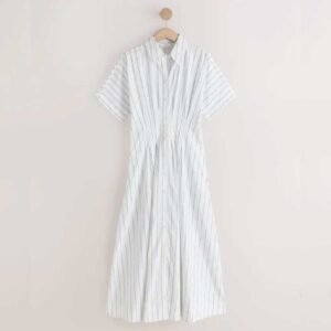 Monochrome Stripe Short Sleeve Cinched Waist Midi Shirt Dress