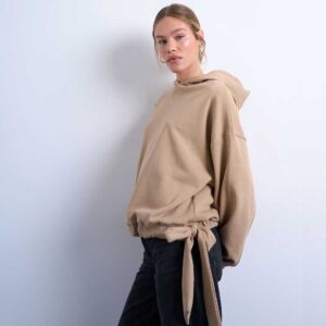 Topshop seam detail tie hem hoodie in tan