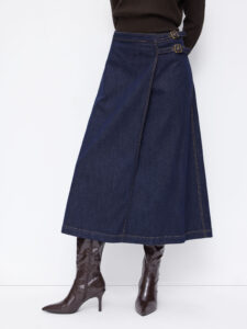 Stretch Denim Mid Rise Belted A-line Maxi Skirt