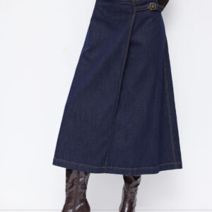 Stretch Denim Mid Rise Belted A-line Maxi Skirt