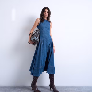 Topshop denim dropped waist seam detailing midi dress in mid blue