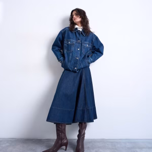 Topshop denim dropped waist seamed maxi skirt in rinse