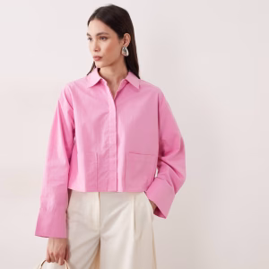 YAS premium cropped cotton shirt with pocket details in mauve pink