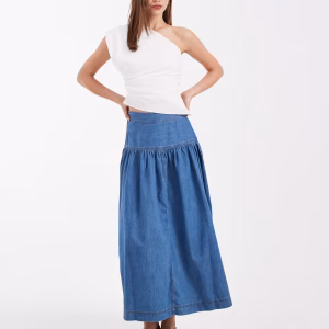 ONLY dropped waist denim maxi skirt in mid blue