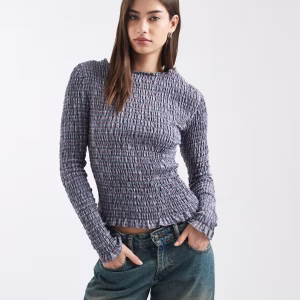 Daisy Street long sleeve shirred top in blue red plaid