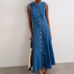 Topshop denim godet seamed midaxi dress in rich blue