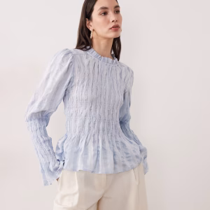 YAS long sleeve textured smock top in pastel blue