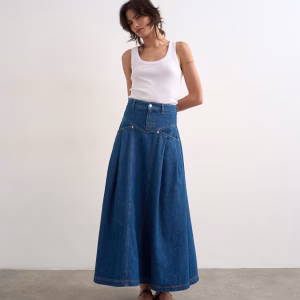 Topshop denim yoke pleated maxi skirt in rich blue