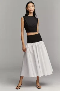 By Anthropologie Cotton Twofer Drop-Waist Midi Skirt