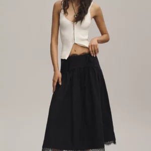 By Anthropologie Waisted Lace Trim Skirt