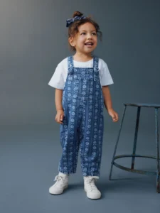 Mid Blue Floral Print Dungarees (3mths-7yrs)