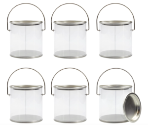 Cornucopia Brands Mini Clear Plastic Paint Cans (6-Pack), Little 3in Tall 1 Cup Miniature Arts, Crafts and Party Favor Cans; NOT for Liquids OR Heavy Objects