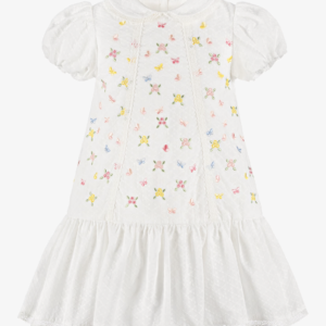 Lapin House Girl White Dress with Embroidered Flowers & Butterflies