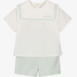 Petit Bateau Ivory & Mint Green Sailor Style Shorts Set