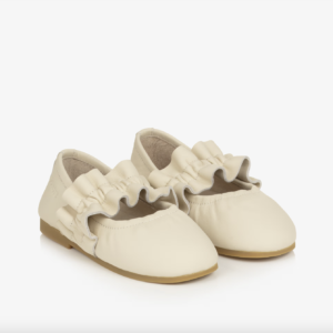 Donsje Girls Ivory Leather Ballerina Flats with Ruffle Strap