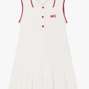 Dr. Kid Girls White Cotton Love Polo Dress with Red Heart Buttons
