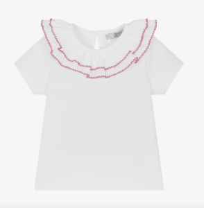 Dr. Kid Girls White Cotton T-Shirt with Ruffle Collar