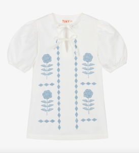 Tinycottons Girls Off-White Puff Sleeve Dress with Blue Floral Print
