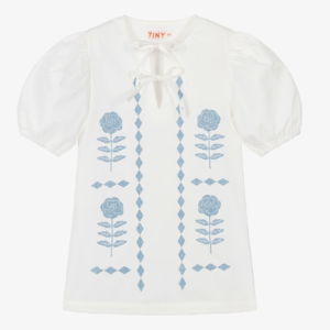 Tinycottons Girls Off-White Puff Sleeve Dress with Blue Floral Print