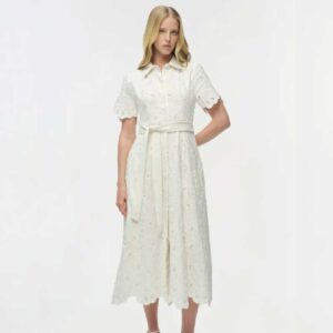 Audria Belted Linen Midi Dress Ivory