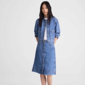 Denim Button-Front A-Line Midi Skirt
