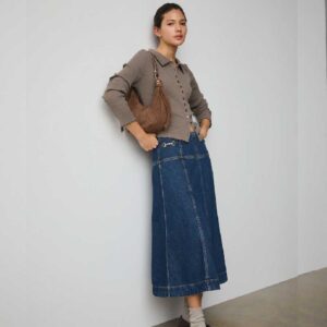 Denim Dark Blue Horsebit Detail Seamed Midi Skirt