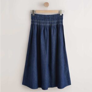 Denim Dark Blue Shirred Waist Maxi Skirt
