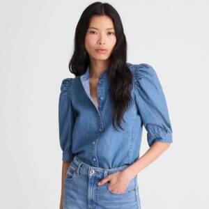 Denim Puff-Sleeve Band-Collar Shirt